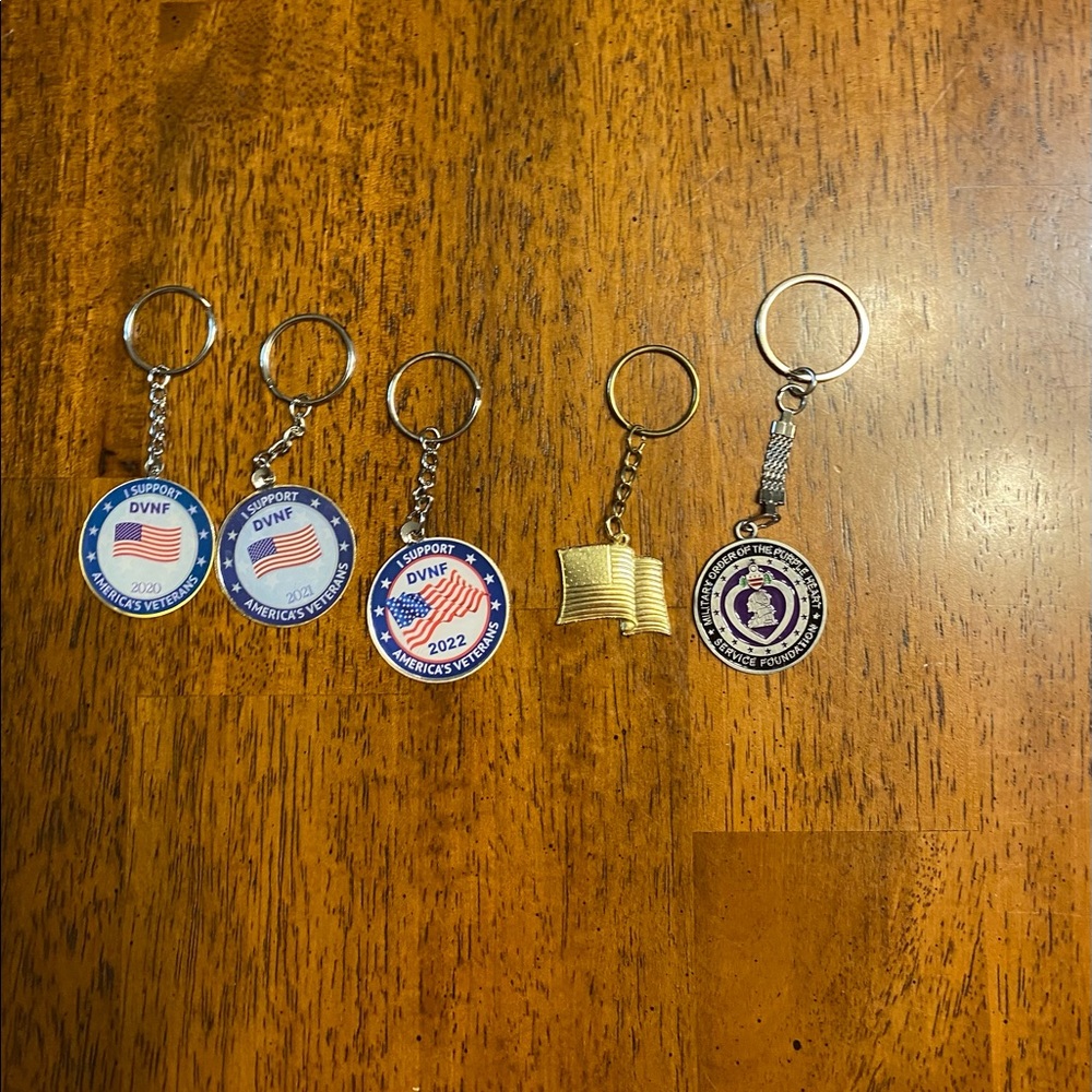 5 keychains, 3 disabled veterans, 1 American flag, 1 Purple Heart foundation